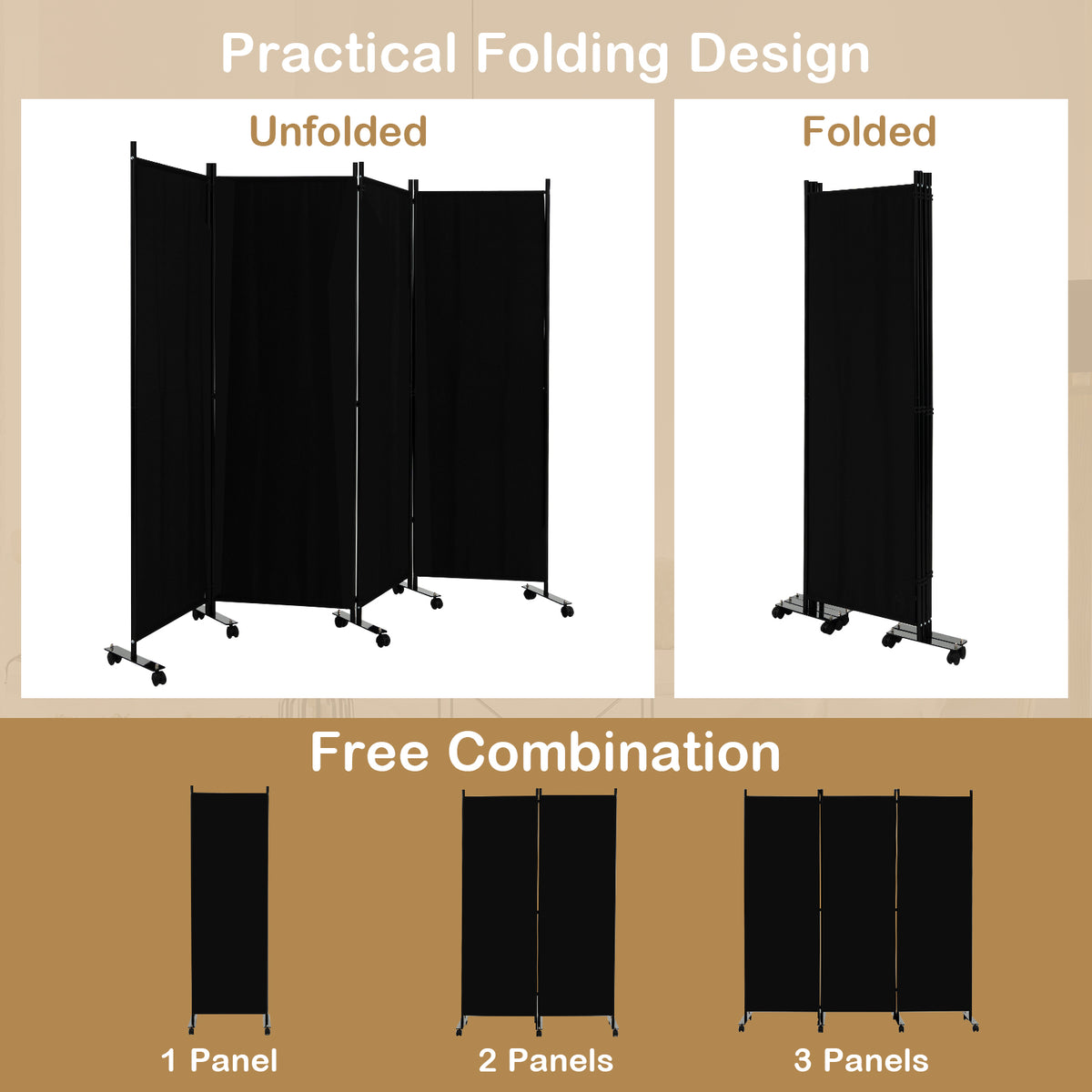 4 Panel Folding Room Divider, 6FT Rolling Privacy Screen with Lockable Wheels