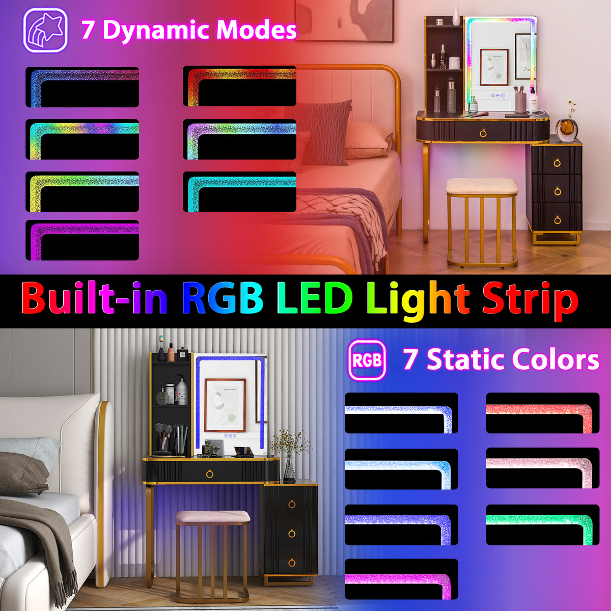 RGB Vanity Table Set with Mirror and Lights, Makeup Vanity Desk with Dimmable LED Lights