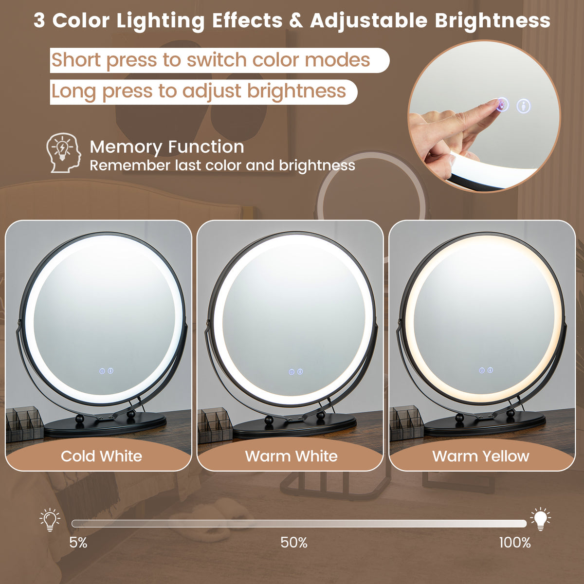Vanity Table Set with 3-Color Lighted Swivel Touch Screen Mirror, Dressing Table Set with Human Body Induction