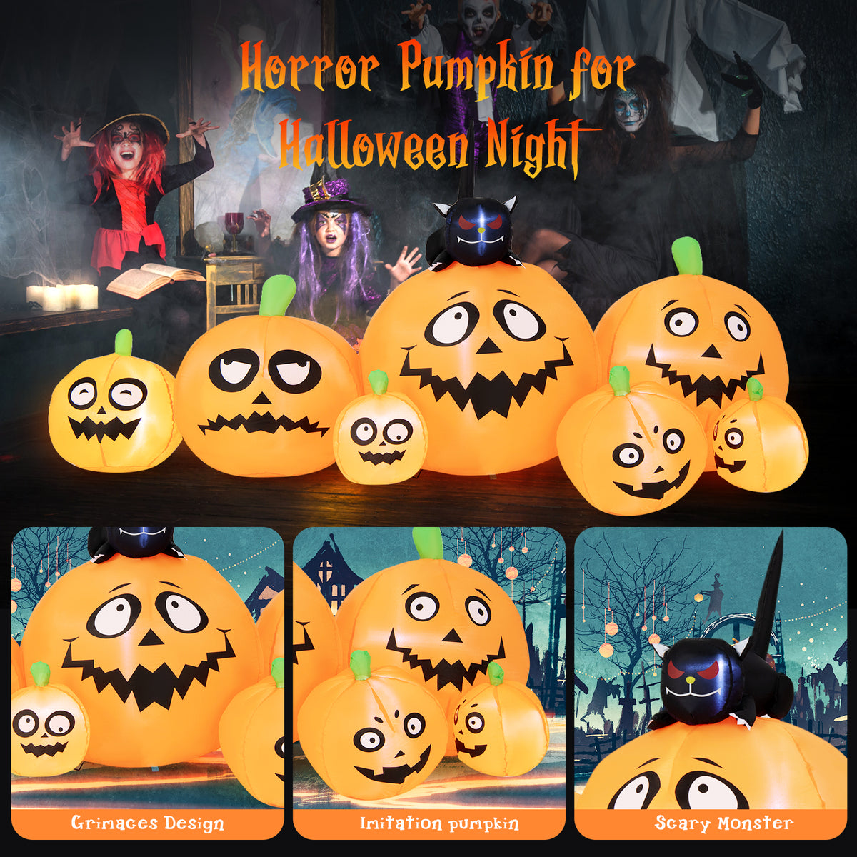 8FT Long Halloween Inflatable Pumpkin, 4 Pumpkins Patch Halloween Decoration with Black Cat and Built-in LED Lights