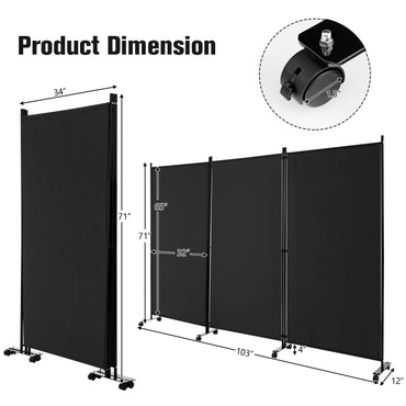 3 Panel Folding Room Divider, 6FT Rolling Privacy Screen with Lockable Wheels