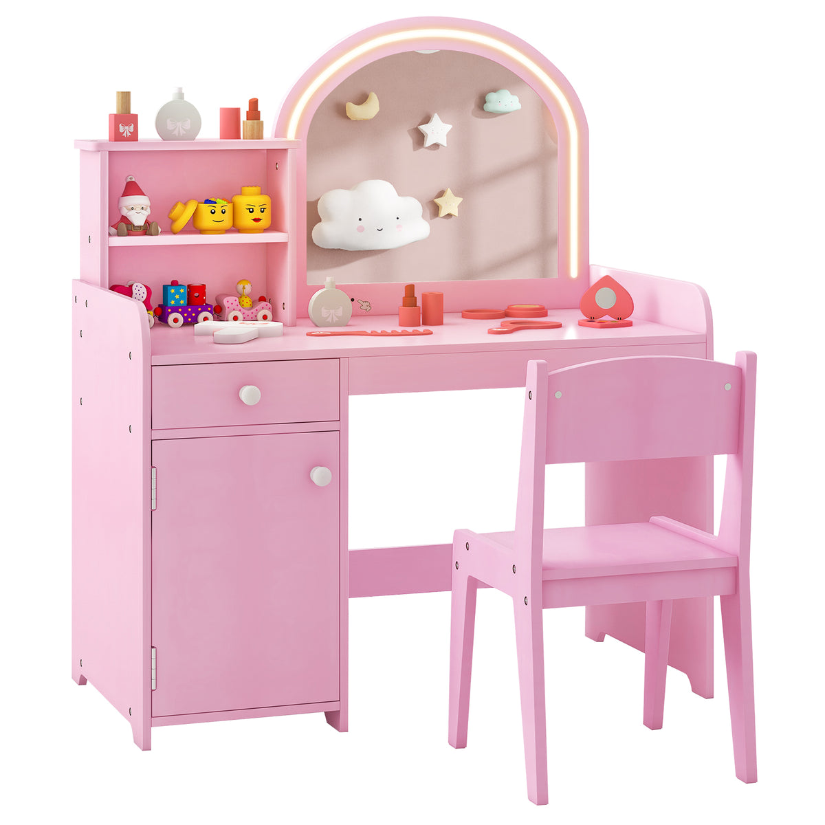 Kids Vanity Set with Lighted Mirror, Toddler Makeup Dressing Princess Table & Chair Set with Shelves