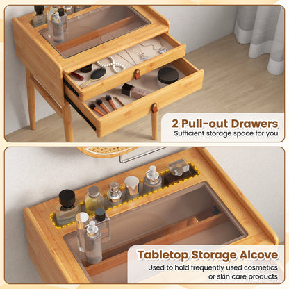 Makeup Vanity Table with Mirror, Bamboo Dressing Table with 2 Storage Drawers and Tempered Glass Table Top