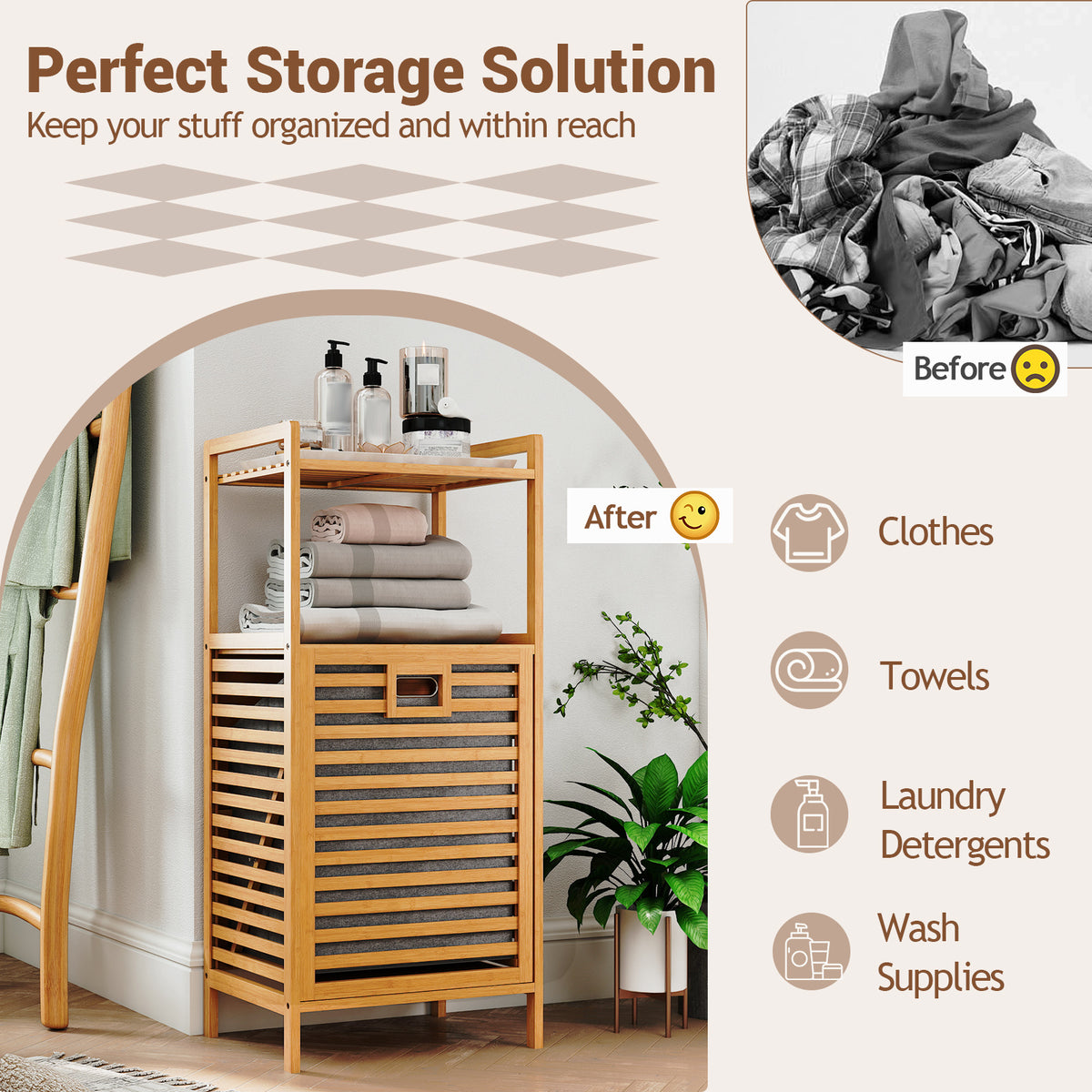 Tilt-out Laundry Hamper with 2-Tier Shelves, Bamboo Laundry Baskets Organizer with Removable & Foldable Fabric Liner