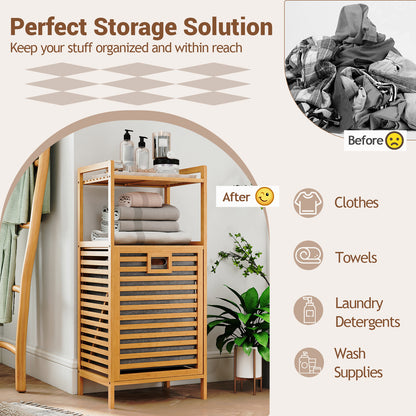 Tilt-out Laundry Hamper with 2-Tier Shelves, Bamboo Laundry Baskets Organizer with Removable & Foldable Fabric Liner