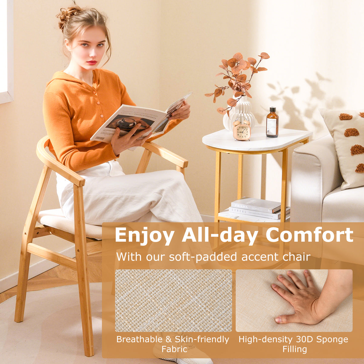 Bamboo Accent Chair, Mid-Century Modern Armchair with Padded Seat, Curved Backrest and Wrap-Around Armrest