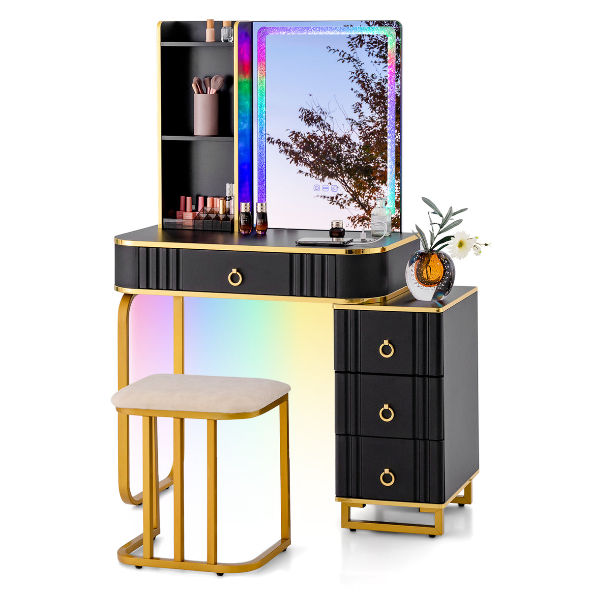 RGB Vanity Table Set with Mirror and Lights, Makeup Vanity Desk with Dimmable LED Lights