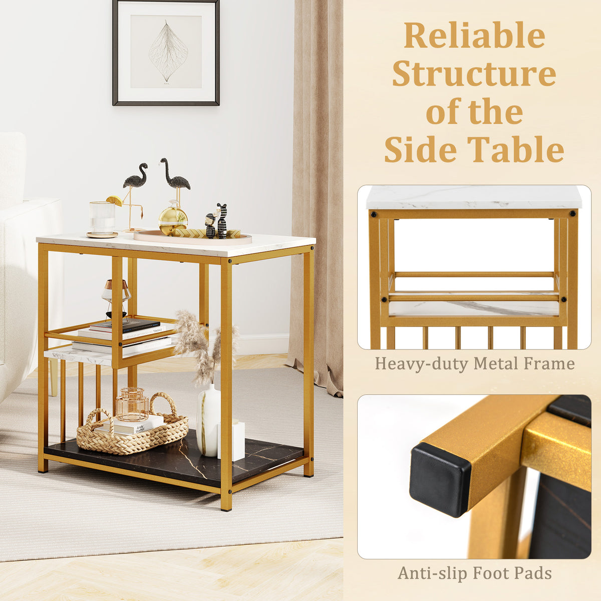 Faux Marble End Table, 3-Tier Sofa Side Table with Storage Shelves, Golden Polished Steel Frame