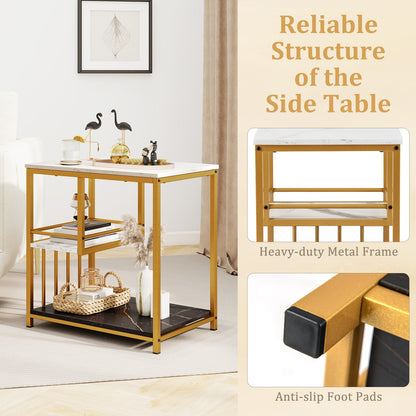 Faux Marble End Table, 3-Tier Sofa Side Table with Storage Shelves, Golden Polished Steel Frame
