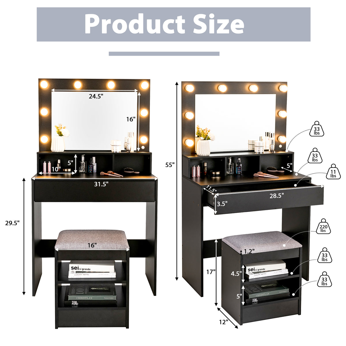 Vanity Table Set with Lighted Mirror, Makeup Dressing Desk with LED Lights