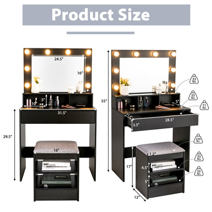 Vanity Table Set with Lighted Mirror, Makeup Dressing Desk with LED Lights