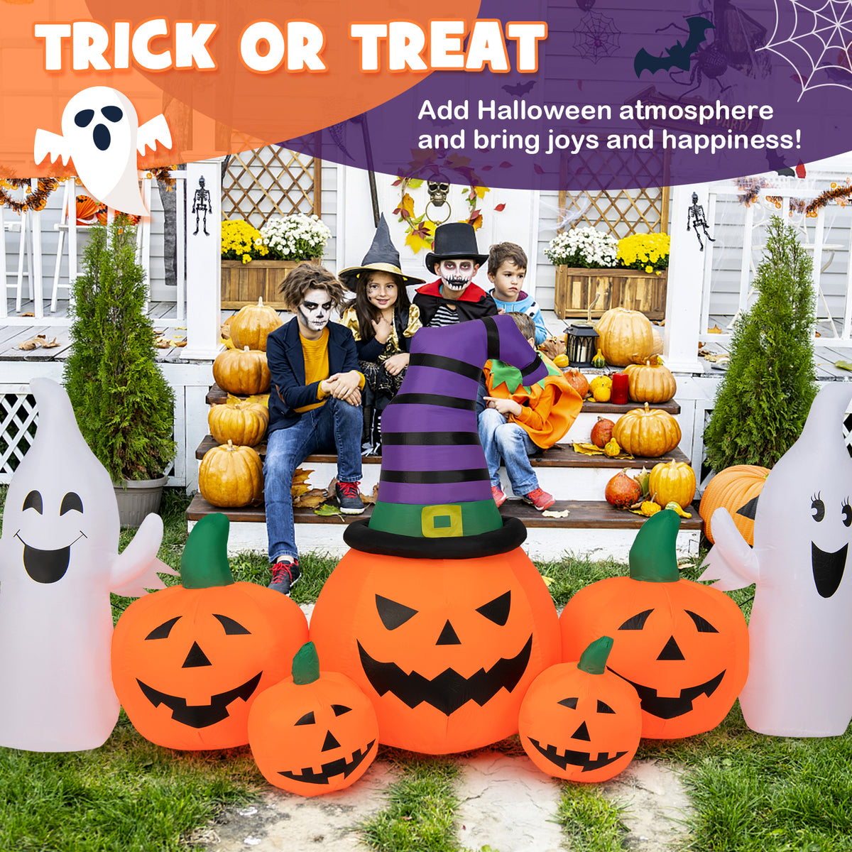 9FT Long Halloween Inflatable Pumpkin with 2 Ghosts, Blow up Yard Decoration with Built-in LED Lights