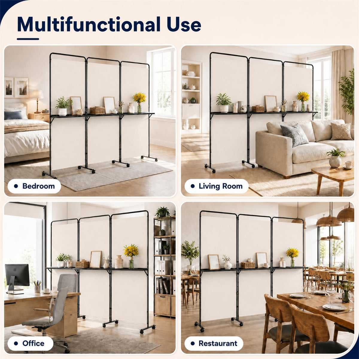 3 Panel Room Divider with Storage Shelves, 6FT Folding Privacy Screen with Lockable Wheels