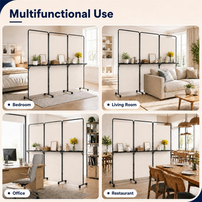 3 Panel Room Divider with Storage Shelves, 6FT Folding Privacy Screen with Lockable Wheels