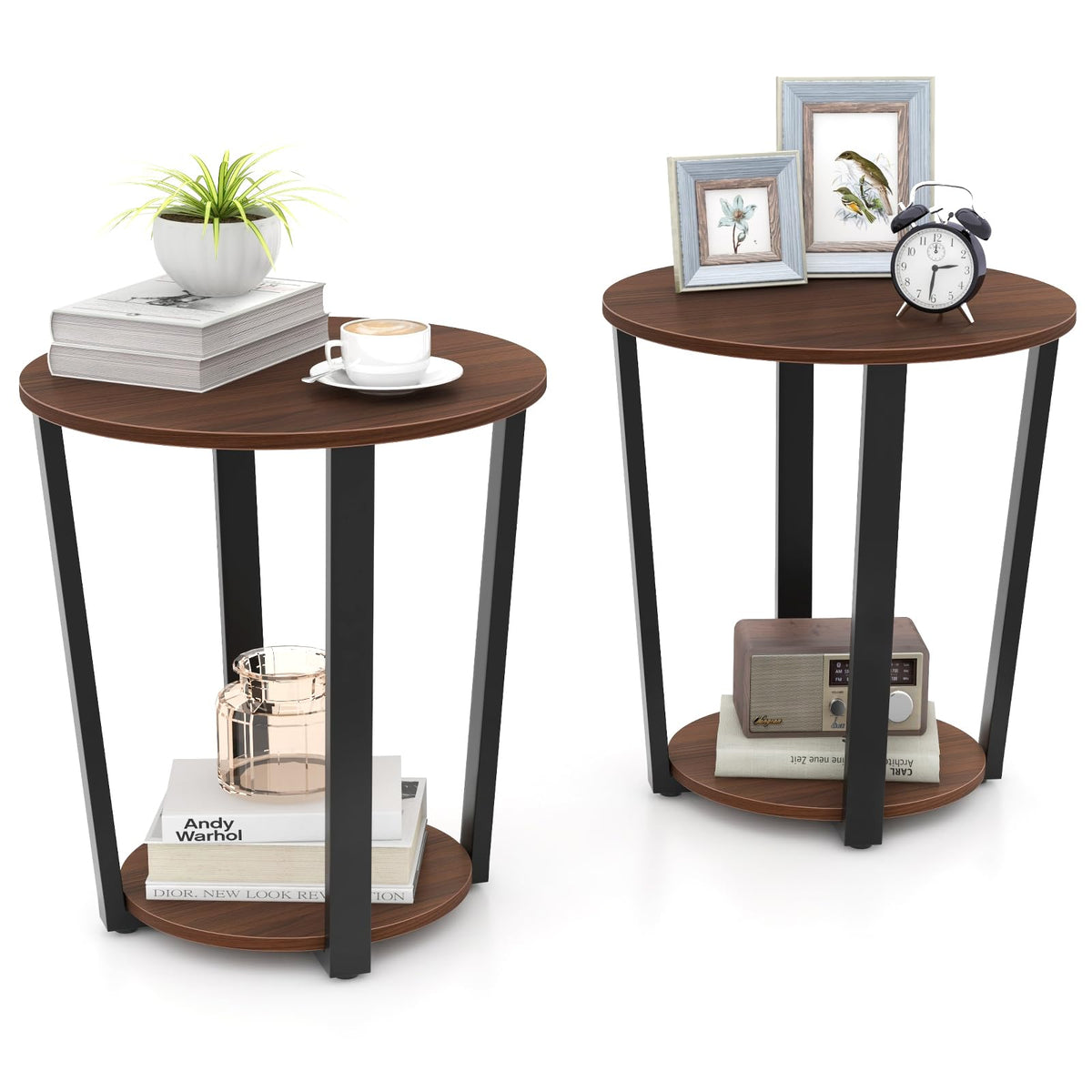 GOFLAME Round 2-Tier End Table with Storage Shelf Metal Frame for Bedroom Living Room