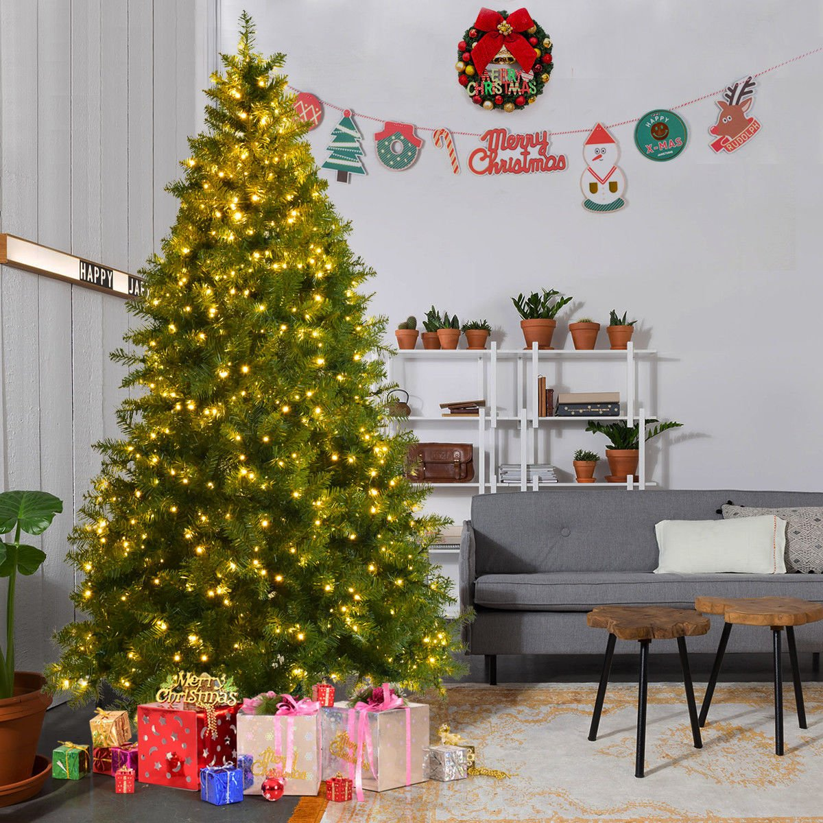 Goflame Pre-lit Christmas Tree, 8FT Premium Hinged Spruce Tree - GoflameUS