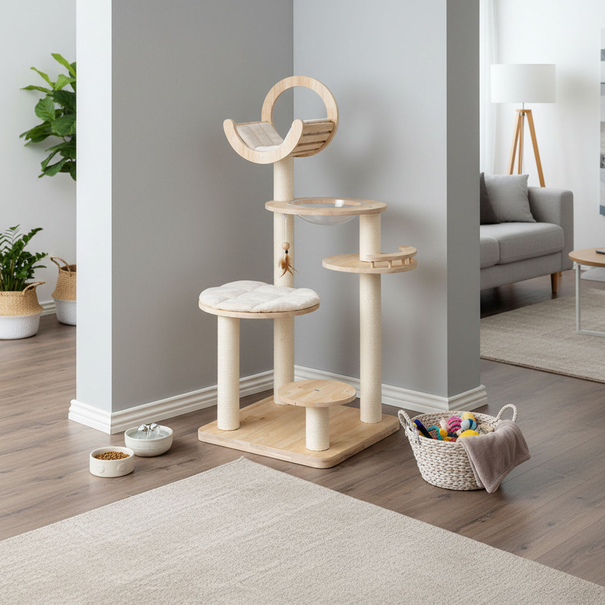 57" Solid Wood Cat Tree for Indoor Cats, Multi-Level Kitten Tower with Perch, Scratching Posts, Washable Cushions, 4 Setup Options Cat Climbing Activity Center