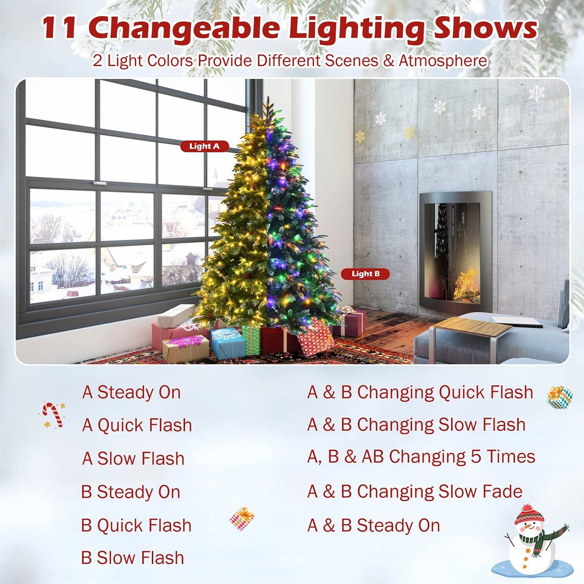 Goflame 7FT Pre-Lit Artificial Christmas Tree, Hinged Realistic Snowy Xmas Pine Tree W/ 450 Color Changing LED Lights, 11 Flash Modes - GoflameUS