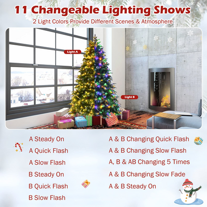 Goflame 7FT Pre-Lit Artificial Christmas Tree, Hinged Realistic Snowy Xmas Pine Tree W/ 450 Color Changing LED Lights, 11 Flash Modes - GoflameUS