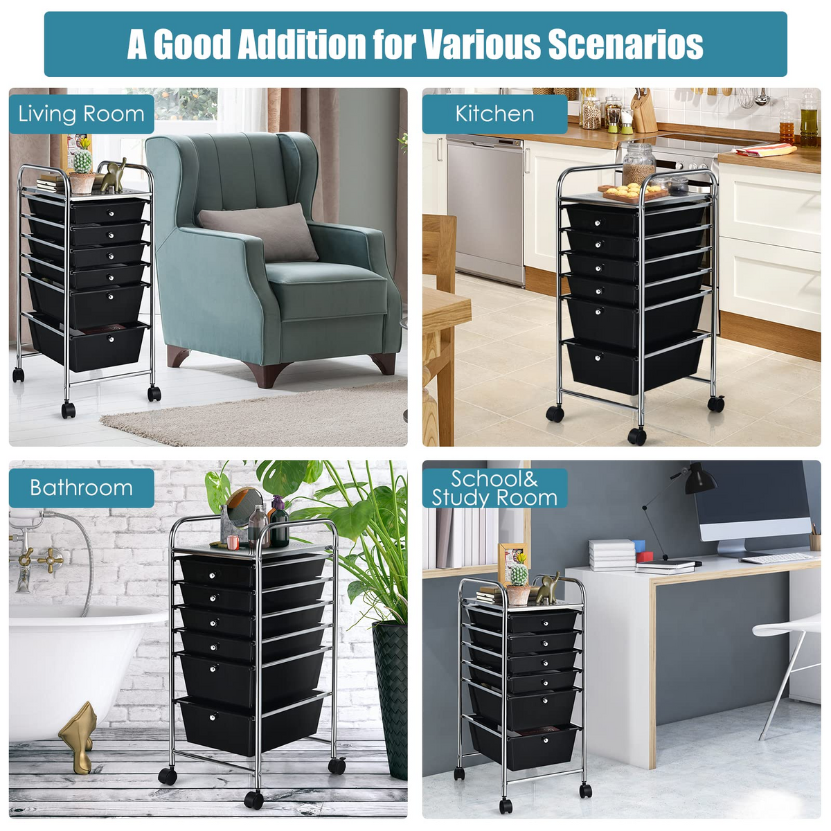 6 Storage Drawer Cart Rolling Organizer Cart, Black - Goflame