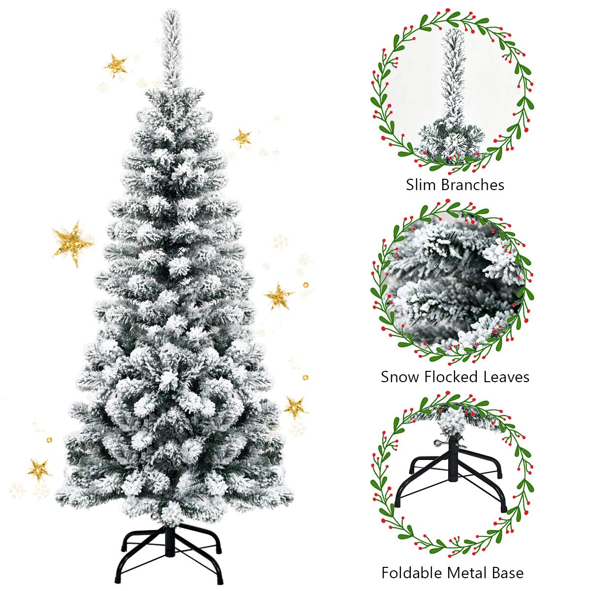 Goflame Artificial Snow Flocked Christmas Tree, Slim Xmas Snowy Tree for Indoor and Outdoor Use - GoflameUS