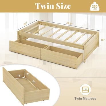 Goflame Queen/Full/Twin Size Bed Frame with 2 Storage Drawers, Solid Wood Platform Bed with Slats Support