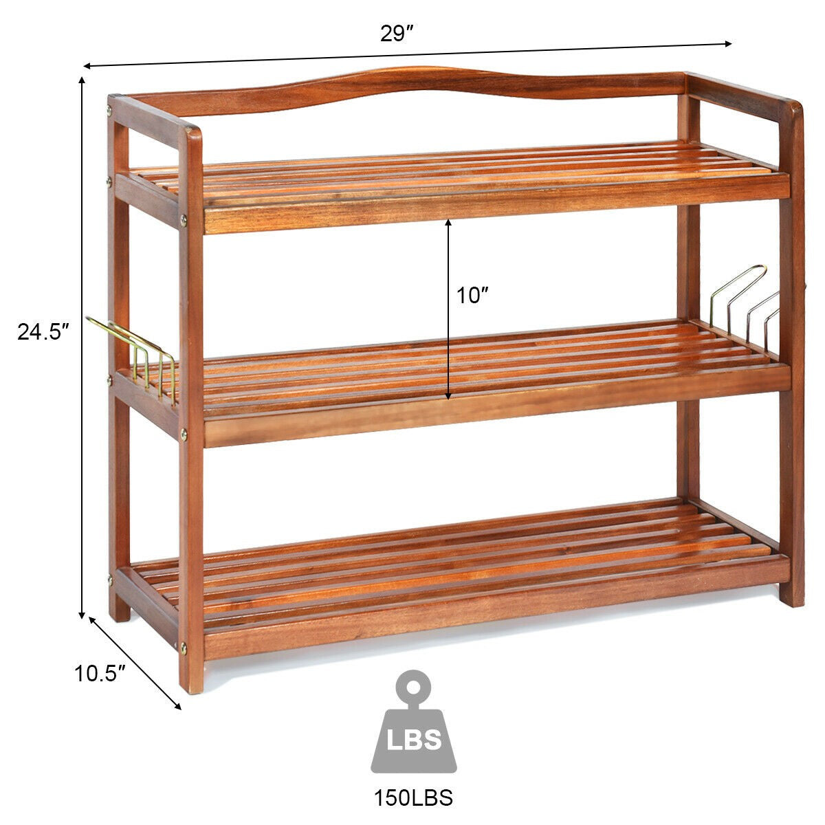 Goflame 3-Tier Wood Shoe Rack 4 Metal Side Hangers, 29"L x10.5"Wx 24.5"H