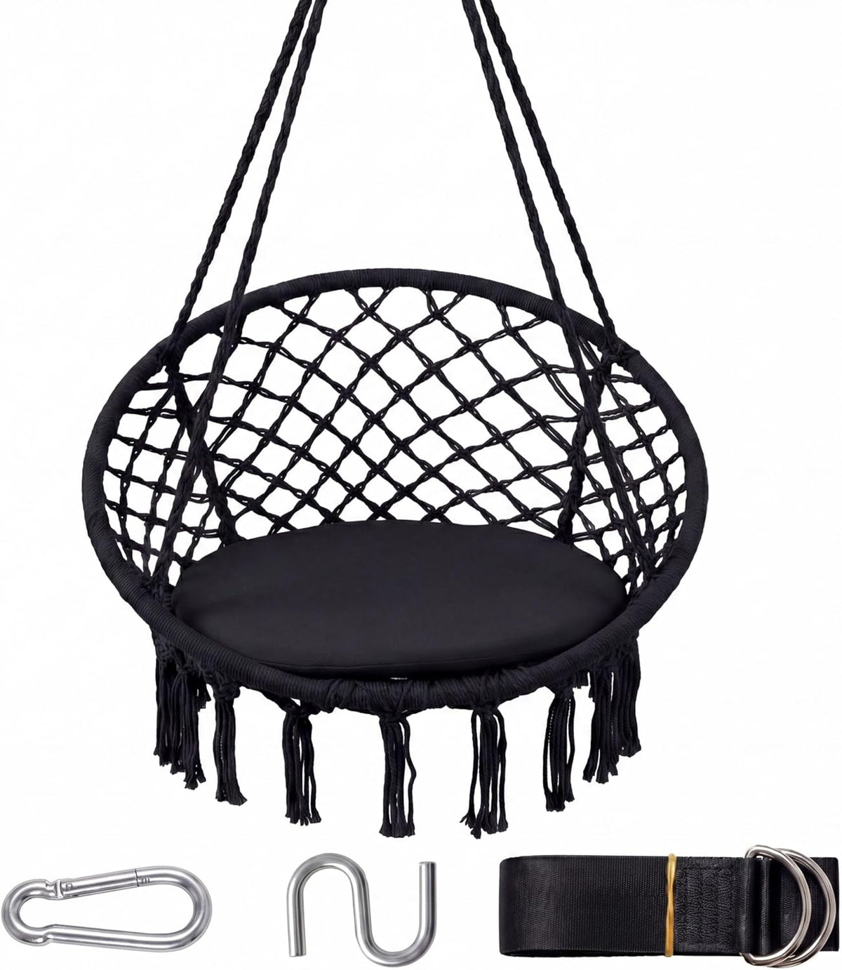 Goflame Hammock Chair Macrame Swing with Round Seat Cushion and Hardware Kit