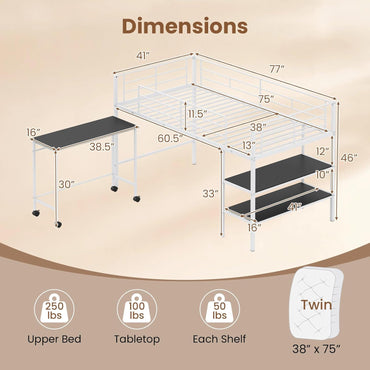 Goflame Low Loft Twin Size Bed with Desk & Bookshelf