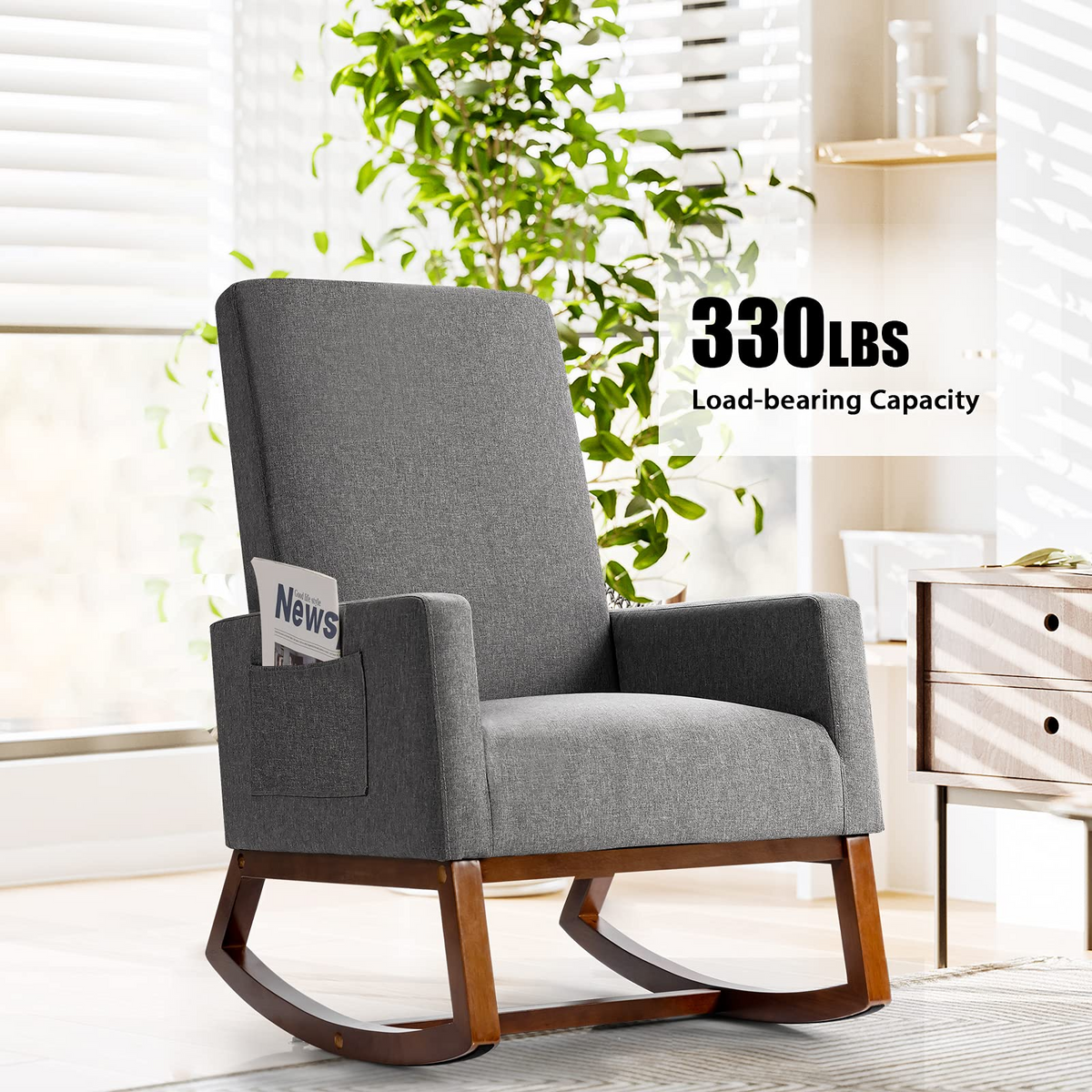 Goflame Upholstered Rocking Chair, Modern Fabric Armchair w/Wood Base