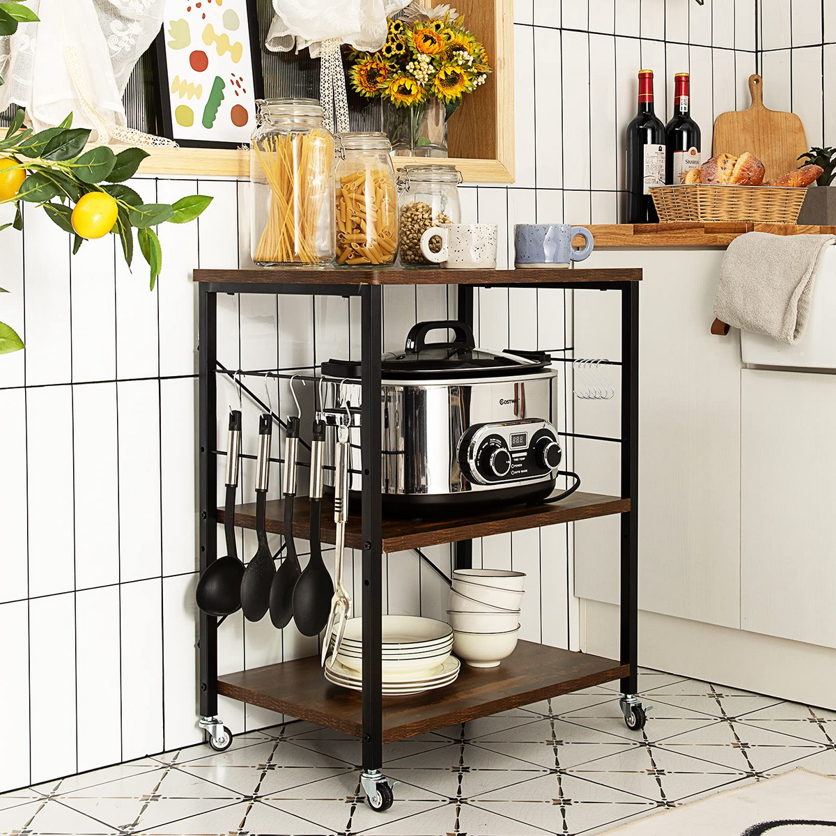 Goflame Kitchen Baker's Rack 3-Tier Microwave Cart on Wheels