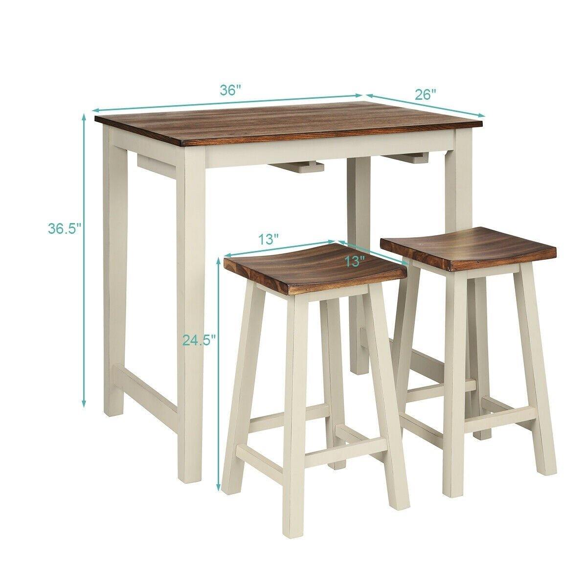 3 Piece Pub Dining Set, Counter Height Pub Table with 2 Saddle Bar Stools, Tavern Collection Table (Brown & Milky White) - Goflameus