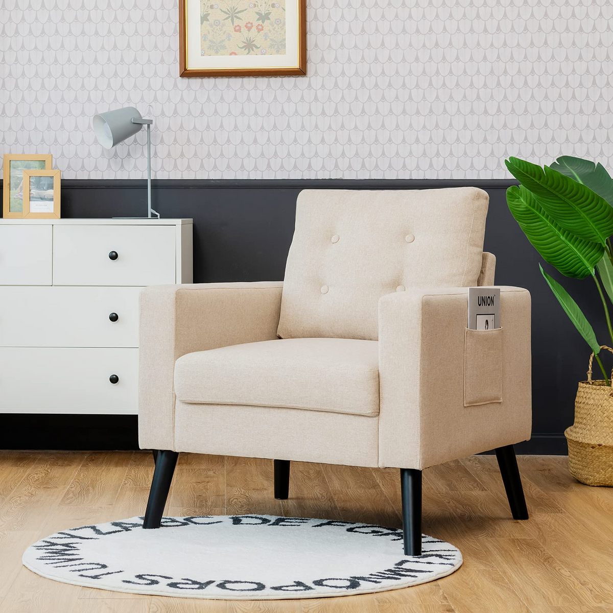 Linen Fabric Armchairs with Side Pockets and Wood Legs, Set of 2 - Goflame