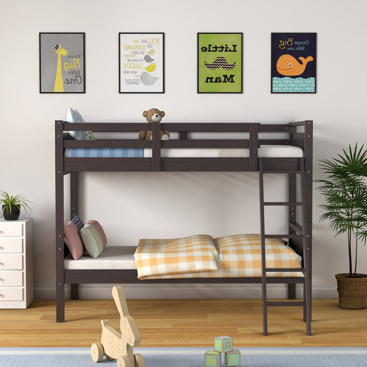 Goflame Twin Over Twin Bunk Bed, Solid Wood Twin Bunk Bed Convertible Into Two Individual Beds