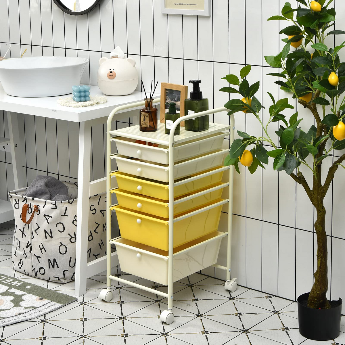 6 Storage Drawer Cart Rolling Organizer Cart, Yellow - Goflame