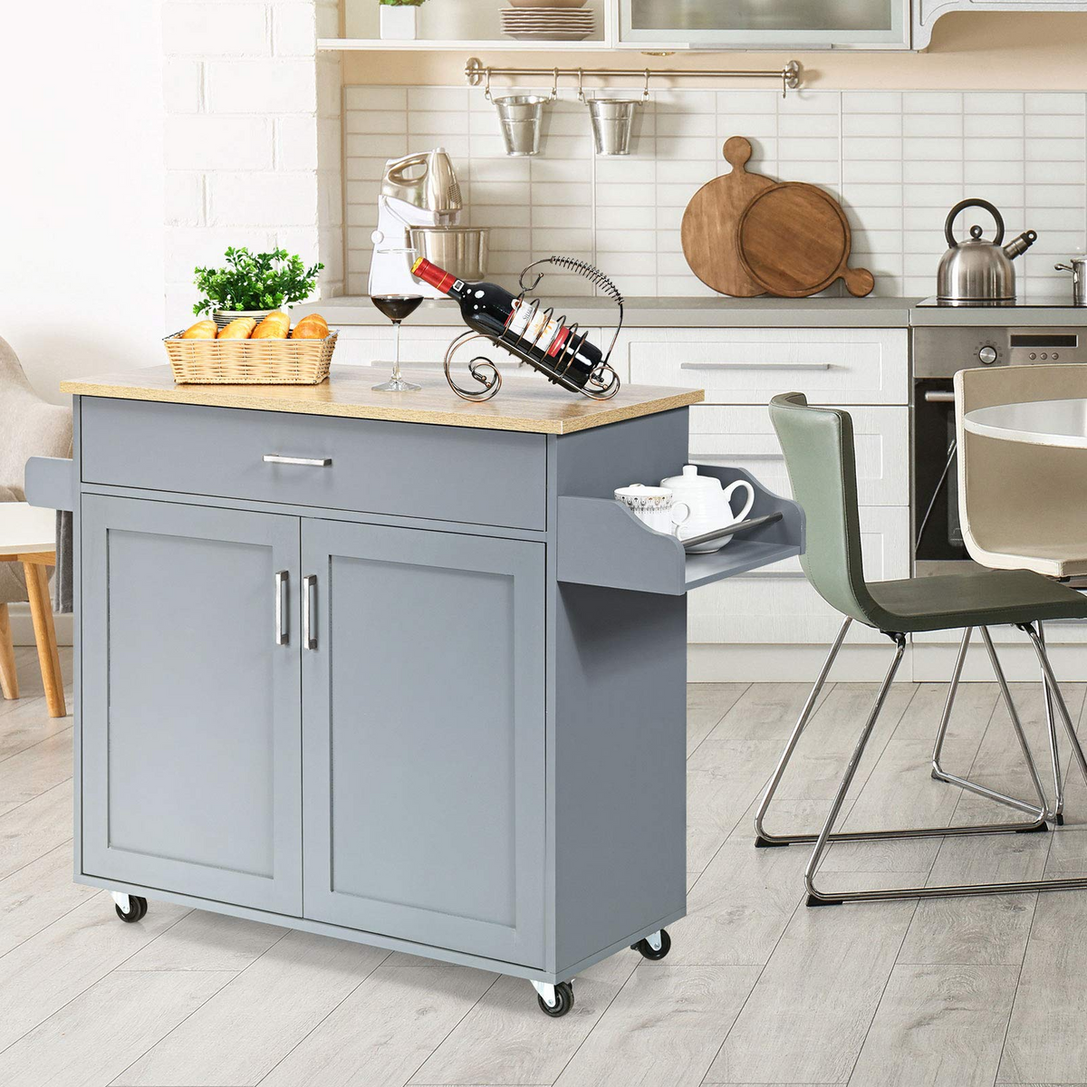 Goflame Kitchen Island, Rolling Kitchen Cart with Spice and Towel Rack, Large Drawer & 2-Door Storage Cabinet