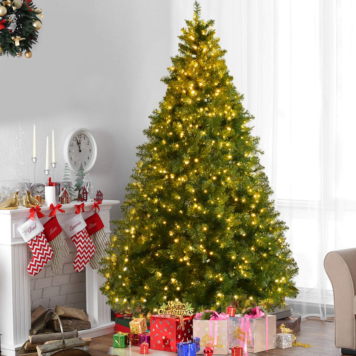 Goflame Pre-Lit Christmas Tree Artificial PVC Spruce Hinged with 560 LED Lights and Solid Metal Legs - GoflameUS