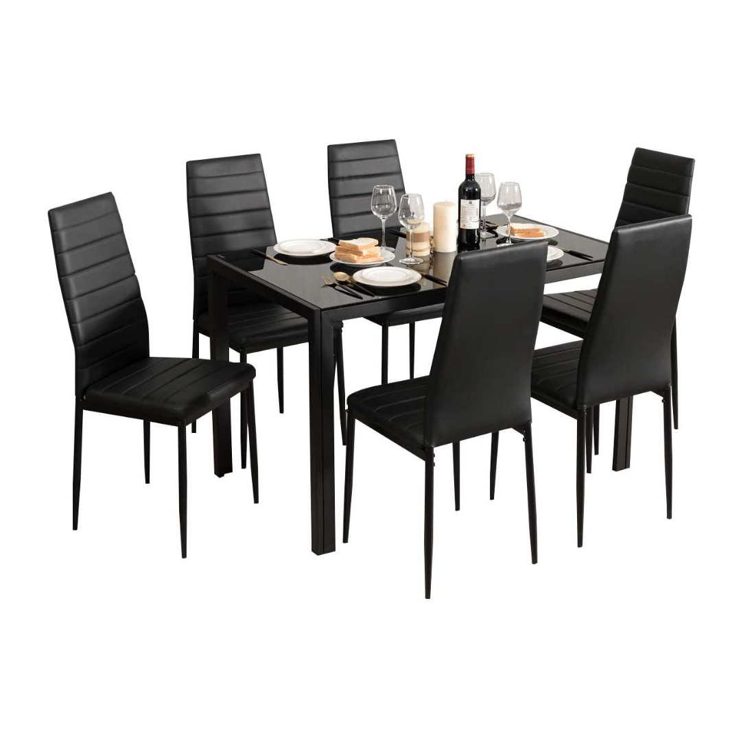 Goflame Kitchen Dining Table Set, Glass Tabletop Dining Room Set with Leather Padded 6 Chairs, Black