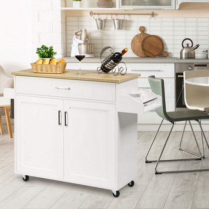 Goflame Kitchen Island, Rolling Kitchen Cart with Spice and Towel Rack, Large Drawer & 2-Door Storage Cabinet