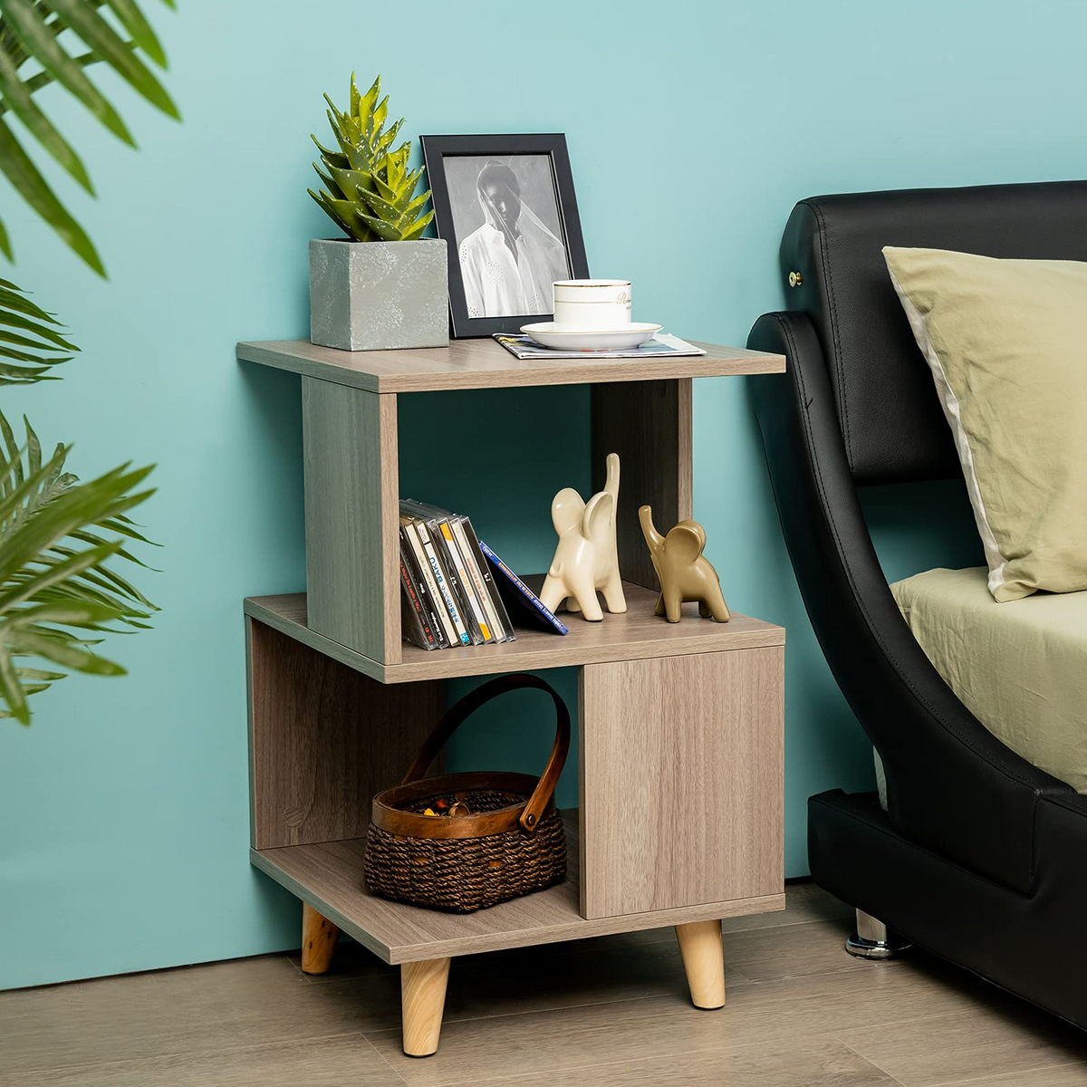 Goflame Set of 2 End Table, Wood Nightstand with Legs (Natural)