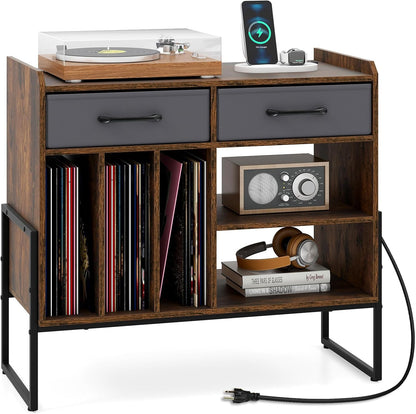 Goflame Large Record Player Stand with Charging Station Mid Century Modern Vinyl Storage Cabinet