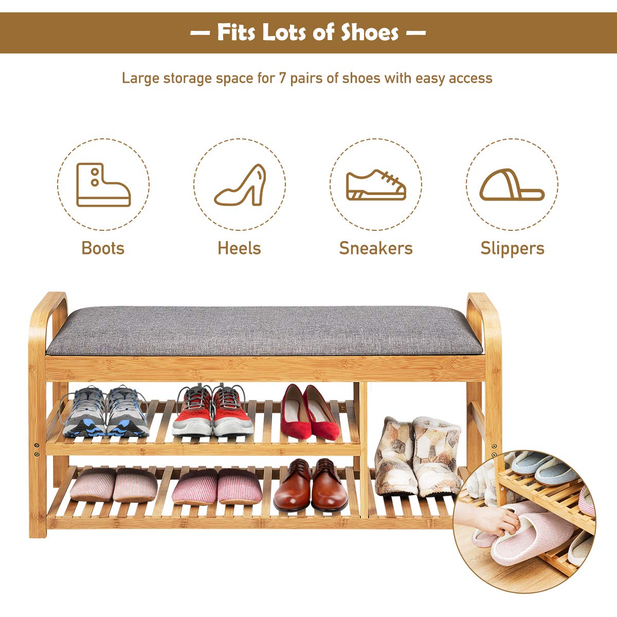 Goflame Shoe Rack Bench, Entryway 3-Tier Bamboo Shoe Organizer with Cushion (Natural and Grey)