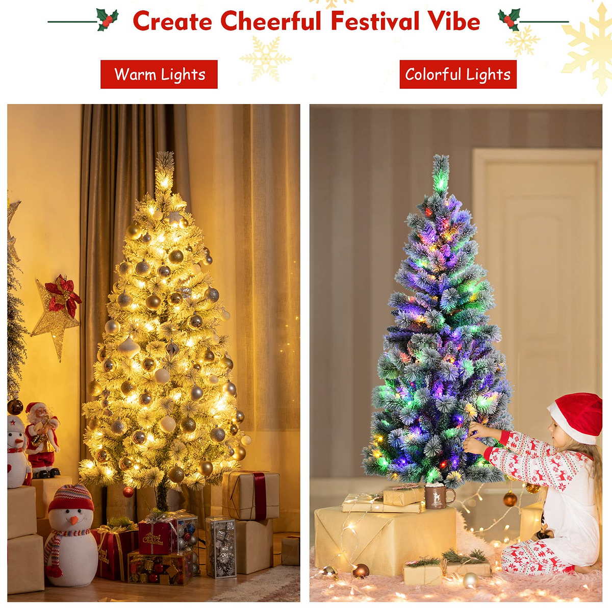 Goflame 5ft Pre-lit Snow Flocked Christmas Tree, Premium Hinged Artificial Pine Tree w/ 9 Lighting Modes & 140 Color Changing LED Lights - GoflameUS