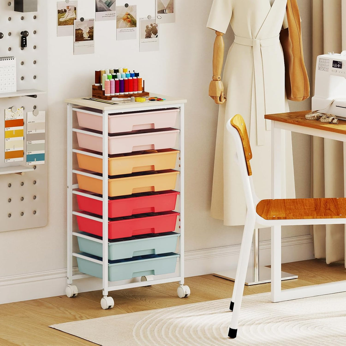 GOFLAME Rolling Storage Cart with Wooden Top, Macaron Color