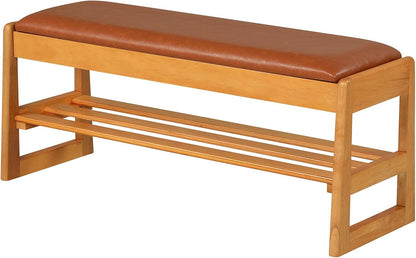 Goflame Rubberwood Shoe Rack Bench with Linen Seat Cushion