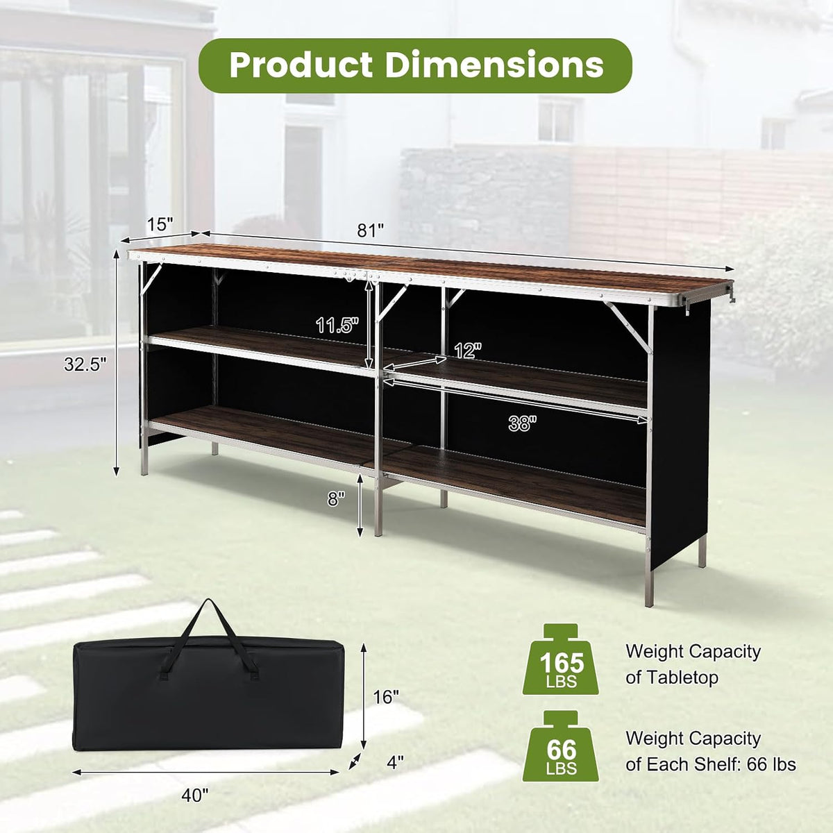 GOFLAME Folding Camping Table Aluminum Portable Picnic Table w/ 2-Tier Open Shelves & Spacious Tabletop