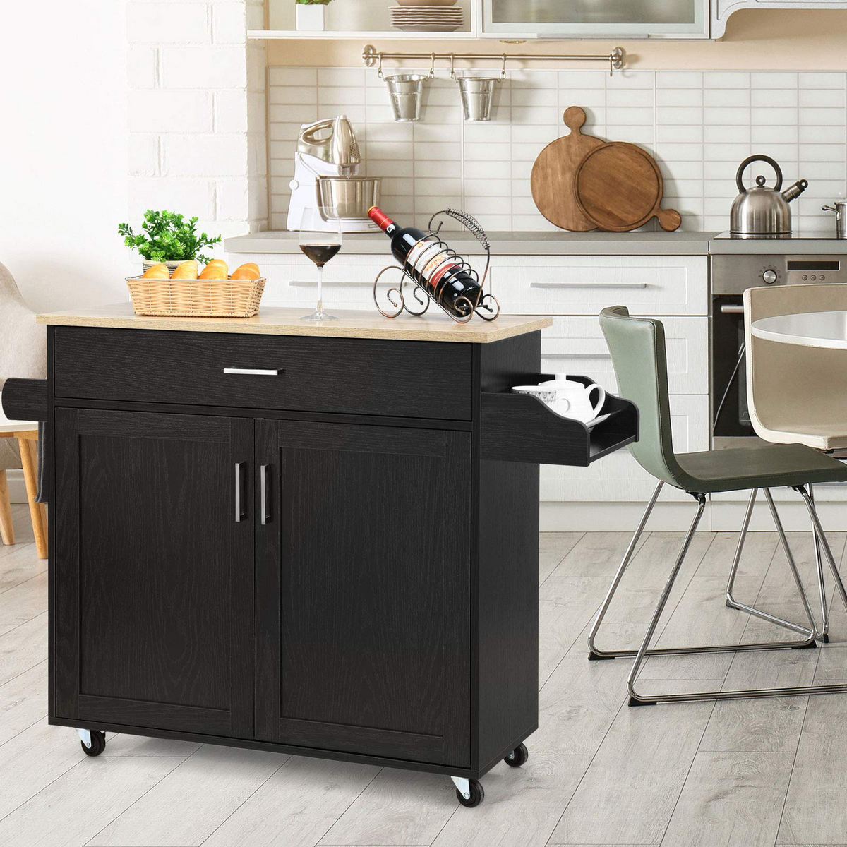 Goflame Kitchen Island, Rolling Kitchen Cart with Spice and Towel Rack, Large Drawer & 2-Door Storage Cabinet