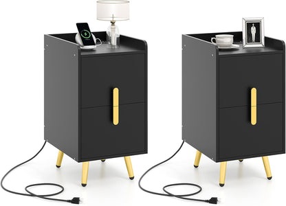 Goflame Nightstand with Charging Station, Narrow End Table with 2 Drawers & Metal Gold Legs
