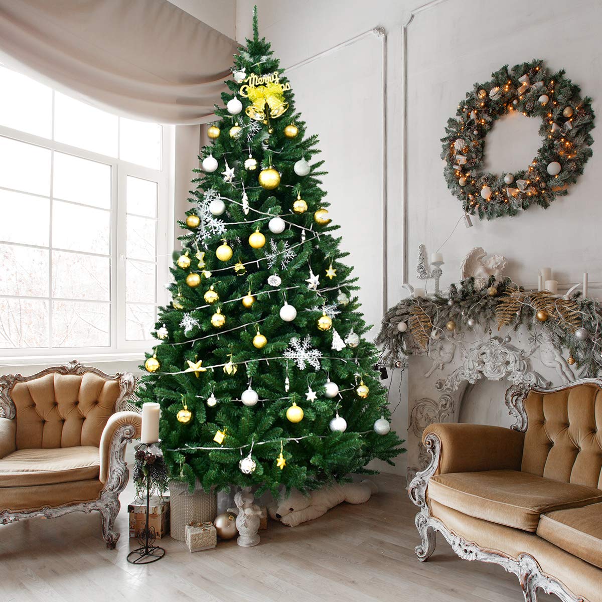 9ft Artificial Douglas Christmas Tree, Unlit Hinged Pine Tree, with 3594 Branch Tips and Solid Metal Stand - GoflameUS