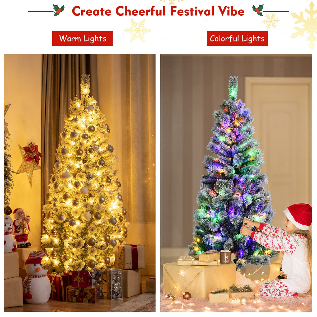 Goflame Snow Flocked Christmas Tree, Premium Hinged Artificial Pine Tree, Remote Controller, Xmas Full Tree for Indoor - GoflameUS